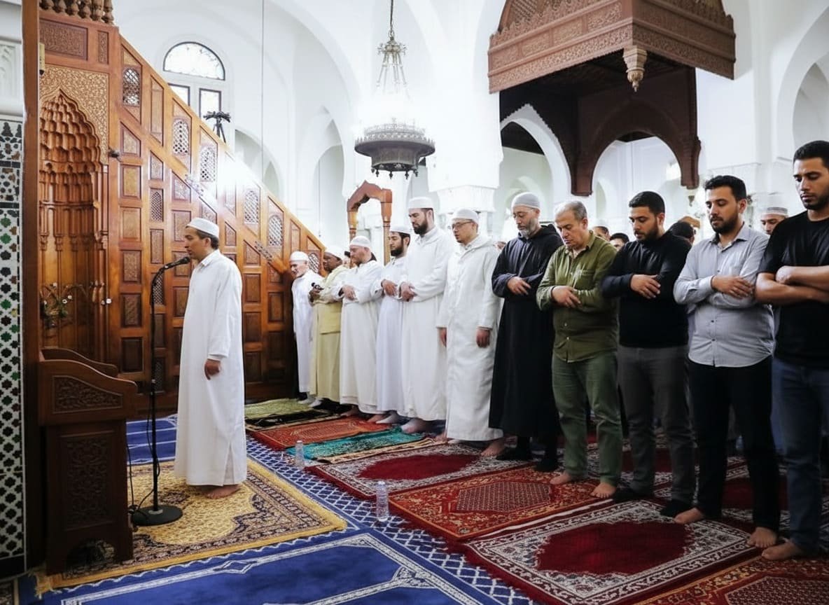 Musulmans qui prient en groupe dans une mosquée